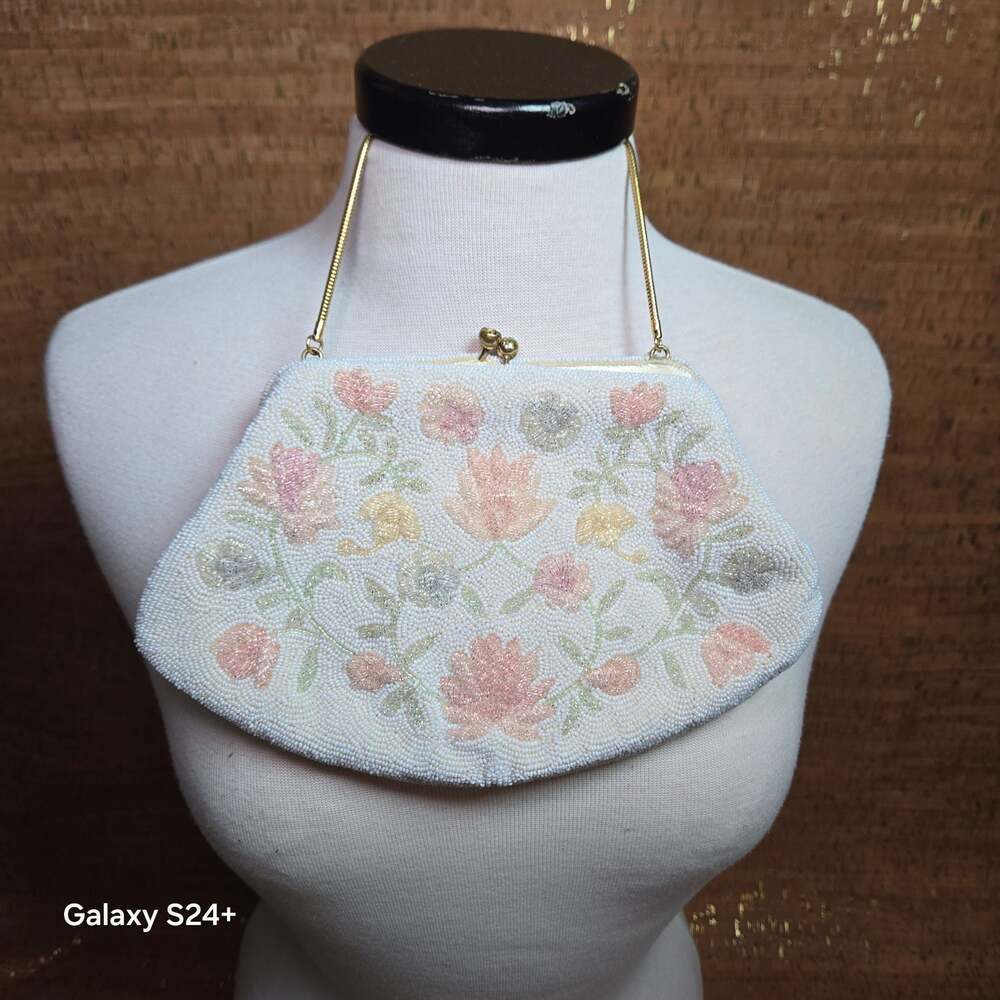Vintage Sharonee Hand Made in Japan White Beaded Evening Bag with Floral Embroid